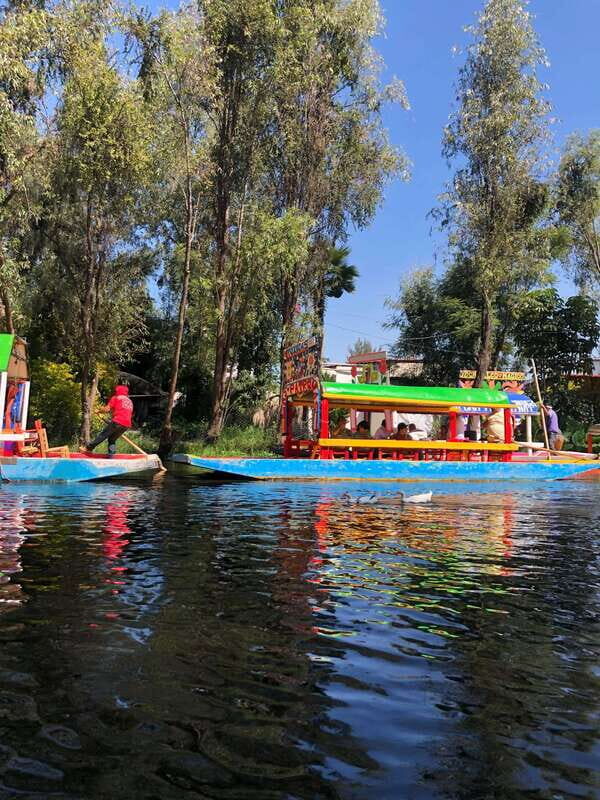 "Floating Party in Xochimilco: Canals, Tequila, and Tradition" - Snack time on a trajinera: appetizers, fruit, and grasshoppers